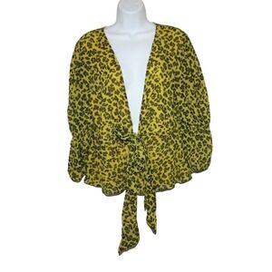 New York & Company Blouse Womens L Leopard-Print Puff-Sleeve Punk Retro Rock Y2K